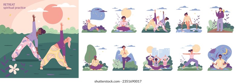 Retreat flat composition set of people having spiritual practice classes doing yoga and meditating outdoors isolated vector illustration