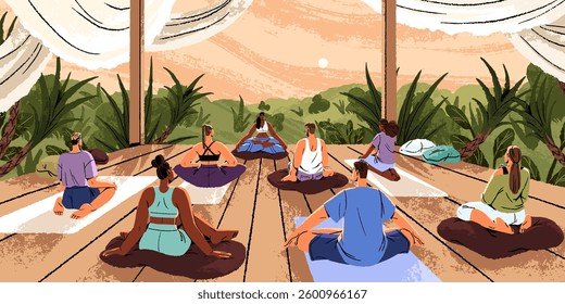 Retreat and group yoga lesson on sunset landscape. People sit in pose, asana meditate together in nature. Characters relax, care about mental health, harmony outdoors. Flat vector illustration