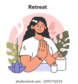 Retreat. Modern practice for body and mind wellness. Relaxation, yoga exercise, body and mind balance. Flat vector illustration