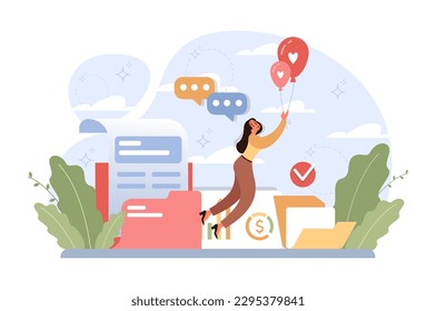 Retreat. Modern practice for body and mind wellness. Woman taking a break from work. Digital detox and relaxation. Mindfulness practice for balanced life and mental health. Flat vector illustration