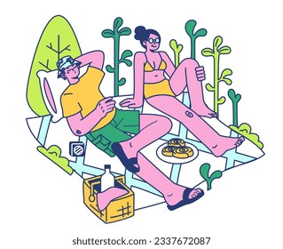 Retreat, outdoor recreation. Characters spending their time in nature on a picnic. Outside relaxation for body and mind balance. Flat vector illustration