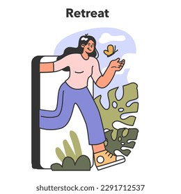 Retirada. Esparcimiento al aire libre y equilibrio entre vida y trabajo. El personaje pasa su tiempo en la naturaleza. Relajación exterior para la armonía corporal y mental. Ilustración vectorial plana