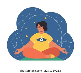 Retreat practice for body and mind wellness. Female character meditating in a lotus position. Digital detox and relaxation, yoga and mindfulness practices for balanced life. Flat vector illustration