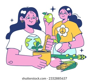 Retreat resort. Character spending their time in nature, eating fresh vegan food, fruits and vegetables. Outside recreation for body and mind balance and detox. Flat vector illustration