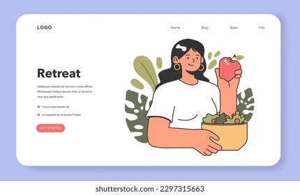 Retreat resort web banner or landing page. Character spending their time in nature, eating fresh vegan food. Outside relaxation for body and mind balance. Flat vector illustration