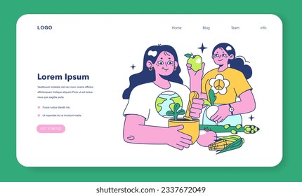Retreat resort web banner or landing page. Character spending their time in nature, eating fresh vegan food, fruits and vegetables. Outside recreation for body detox. Flat vector illustration