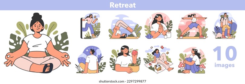 Retreat set. Modern practice for body and mind wellness. Relaxation, yoga exercise, body and mind balance. Flat vector illustration