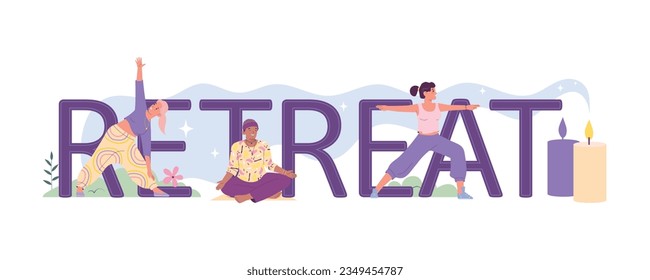 Retreat spiritual practice flat text banner with happy people practising yoga asanas and meditating in lotus position vector illustration