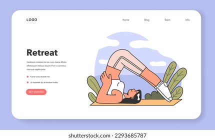 Retreat web banner or landing page. Female character doing yoga exercise outside. Modern practice for body and mind wellness. Relaxation, body and mind balance. Flat vector illustration