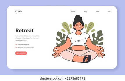 Retreat web banner or landing page. Female character doing yoga exercise outside. Modern practice for body and mind wellness. Relaxation, body and mind balance. Flat vector illustration