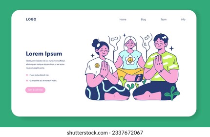 Retener el banner web o la página de inicio. Carácter meditando en posición de loto fuera. Práctica moderna para el bienestar corporal y mental y la relajación. Ilustración vectorial plana