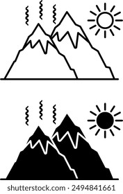 Retreating Glacier Icons. Black and White Vector Icons. Sun and Melting Glacier on Mountains. Ecological Problem. Climate Change Concept