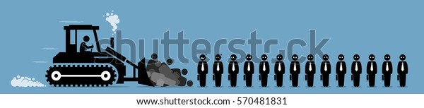 Retrenchment, company worker layoffs, and job cut.\
Vector artwork depicting a bulldozer wipes out company employees\
one by one.
