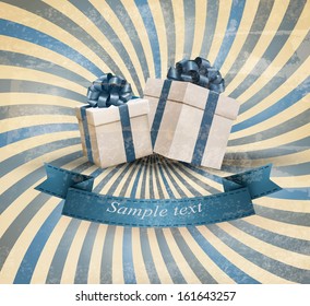 Retri holiday background with blue gift ribbon with gift boxes. Vector