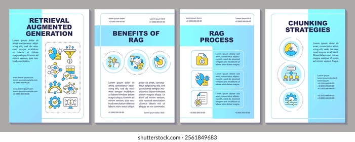 Retrieval augmented generation blue brochure template. Generative AI models optimization. Leaflet design with linear icons. Editable 4 vector layouts