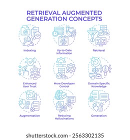 Retrieval augmented generation blue gradient concept icons. Generative AI and machine learning. Data process. Icon pack. Vector images. Round shape illustrations for presentation. Abstract idea