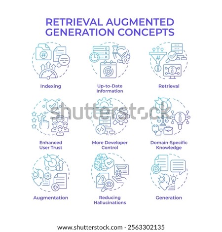 Retrieval augmented generation blue gradient concept icons. Generative AI and machine learning. Data process. Icon pack. Vector images. Round shape illustrations for presentation. Abstract idea