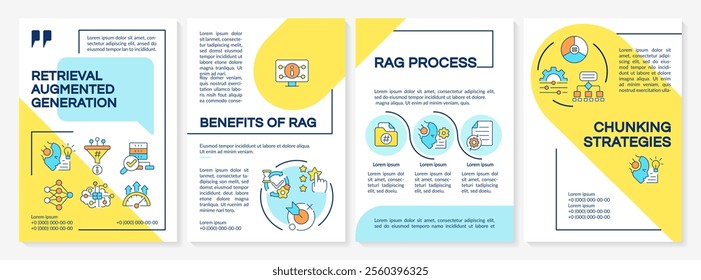 Retrieval augmented generation blue and yellow brochure template. Digital semantic AI improvement. Leaflet design with linear icons. Editable 4 vector layouts