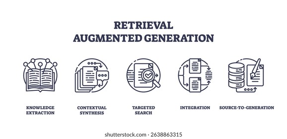 Retrieval Augmented Generation concept with icons for knowledge extraction, contextual synthesis, search, integration, and data sources. Outline icons set