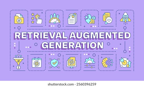 Retrieval augmented generation purple word concept. Using AI technologies in data processing. Typography banner. Vector illustration with title text, editable icons color