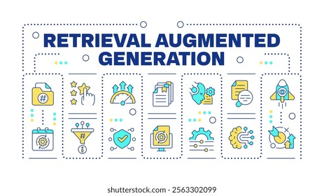 Retrieval augmented generation purple word concept. Using AI technologies in data processing. Creative illustration banner surrounded by editable line colorful icons