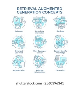 Retrieval augmented generation soft blue concept icons. Generative AI and machine learning. Data process. Icon pack. Vector images. Round shape illustrations for presentation. Abstract idea