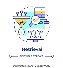 Retrieval multi color concept icon. Accessing stored data algorithm. AI information control. RAG process. Round shape line illustration. Abstract idea. Graphic design. Easy to use in article