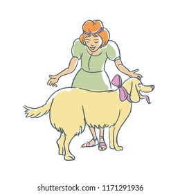 Retriever dog and a surprised girl. Pet with people character line drawing vector illustration. Pastel colors and flat design illustration for clothes, cards