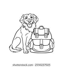 Retriever happy dog ​​with backpack tourist coloring page line, hand drawn vector illustration