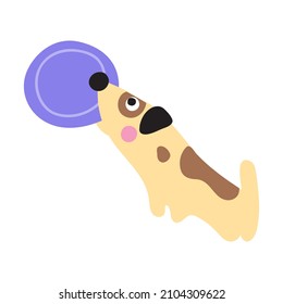 Retriever holding flying disk toy in his mouth. Hand drawn vector illustration on white background.