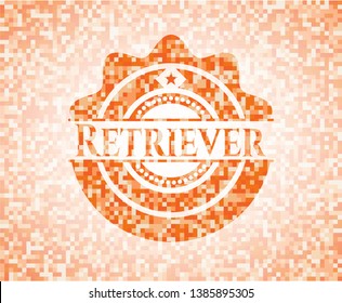 Retriever orange tile background illustration. Square geometric mosaic seamless pattern with emblem inside.