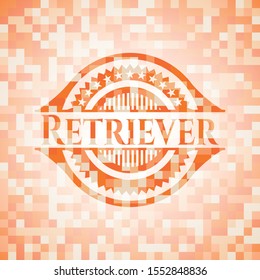 Retriever orange tile background illustration. Square geometric mosaic seamless pattern with emblem inside.