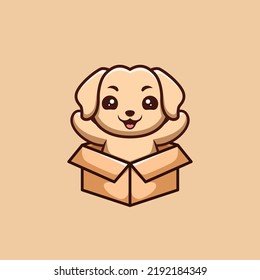 Retriever Sitting Out From Box Cute Creative Kawaii Cartoon Mascot Logo