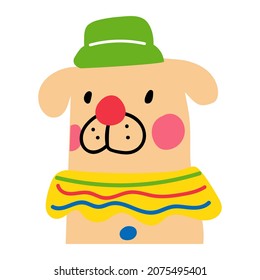 Retriever wearing green hat. Clown's costume. Vector illustration on white background.