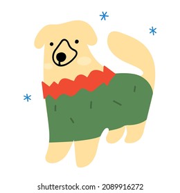 Retriever wearing wearing green sweater. Hand drawn flat vector illustration.