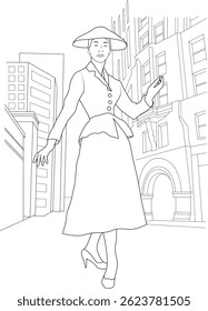 Retro 1950s Fashion Illustration, Line art illustration of an elegant woman wearing a vintage 1950s style dress, hat, and heels, standing in a city street with buildings in the background. Suitable