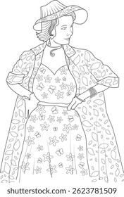 Retro 1950s Fashion Line Art, Black and white line art illustration of a woman in classic 1950s fashion, featuring a stylish hat, patterned coat, and a dress adorned with stars and butterflies.