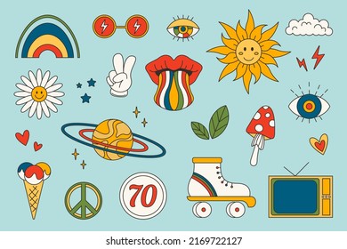 Retro 1960-1969 groovy set. Psychedelic groovy collection - chamomile, rainbow, mushroom, roller, and other. Hippie vector stickers set.