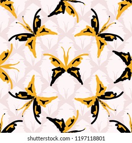 Retro 1960s Style Butterflies Seamless Vector Pattern, Hand Drawn Animal Insect Illustration for Summer Fashion Prints,  Wallpaper, Stationery, Home Decor, Trendy Packaging , Gift Wrap or Backgrounds.