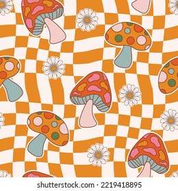 Retro 1970 Groovy Flowers and Mushroom ,Seamless Pattern Hand-Drawn Vector Illustration. Seventies Style, Groovy Peace ,Design for fashion , fabric, textile, wallpaper, wrapping and all prints 