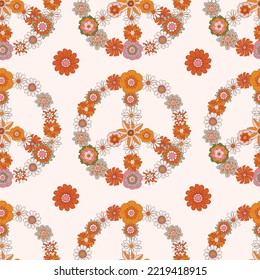 Retro 1970 Groovy Flowers Peace Sign ,Seamless Pattern Hand-Drawn Vector Illustration. Seventies Style, Groovy Peace ,Design for fashion , fabric, textile, wallpaper, wrapping and all prints 