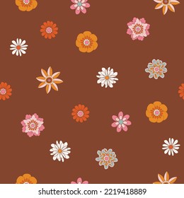Retro 1970 Groovy Flowers,Seamless Pattern Hand-Drawn Vector Illustration. Seventies Style, Groovy Peace, Wavy Swirl ,Design for fashion , fabric, textile, wallpaper, wrapping and all prints 