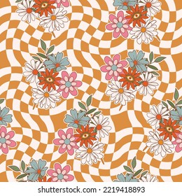 Retro 1970 Groovy Flowers,Seamless Pattern Hand-Drawn Vector Illustration. Seventies Style, Groovy Peace ,Design for fashion , fabric, textile, wallpaper, wrapping and all prints 