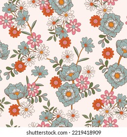 Retro 1970 Groovy Flowers,Seamless Pattern Hand-Drawn Vector Illustration. Seventies Style, Groovy Peace ,Design for fashion , fabric, textile, wallpaper, wrapping and all prints 