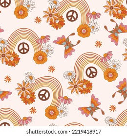 Retro 1970 Groovy Flowers,Seamless Pattern Hand-Drawn Vector Illustration. Seventies Style, Groovy Peace ,Design for fashion , fabric, textile, wallpaper, wrapping and all prints 