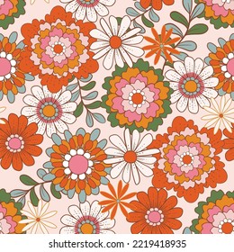 Retro 1970 Groovy Flowers,Seamless Pattern Hand-Drawn Vector Illustration. Seventies Style, Groovy Peace ,Design for fashion , fabric, textile, wallpaper, wrapping and all prints 