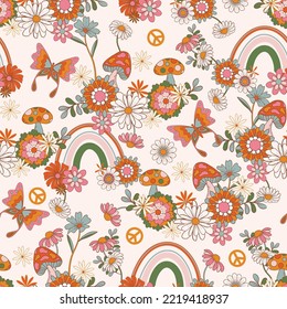 Retro 1970 Groovy Flowers,Seamless Pattern Hand-Drawn Vector Illustration. Seventies Style, Groovy Peace ,Design for fashion , fabric, textile, wallpaper, wrapping and all prints 