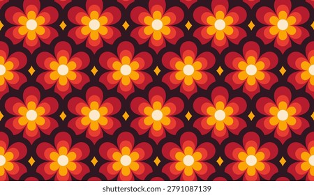 Retro 1970s Floral Seamless Pattern Background with Vintage Abstract Flower Shapes in Warm Colors. Vibrant, seamless 1970s retro pattern featuring stylized, layered flowers in warm orange, red, and yellow tones. This nostalgic, groovy vector wallpaper design evokes classic vintage aesthetic.