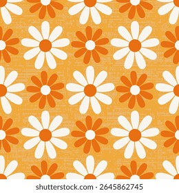 Retro 1970s Groovy Floral, Bold Flowers Bloom, Vintage Layout, seamless vector pattern background
