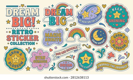 Retro 1970s motivational sticker collection with rainbows, stars, moons, and flowers. Features quotes like Dream Big, Grow and Blossom, and Stay Curious in groovy typography.